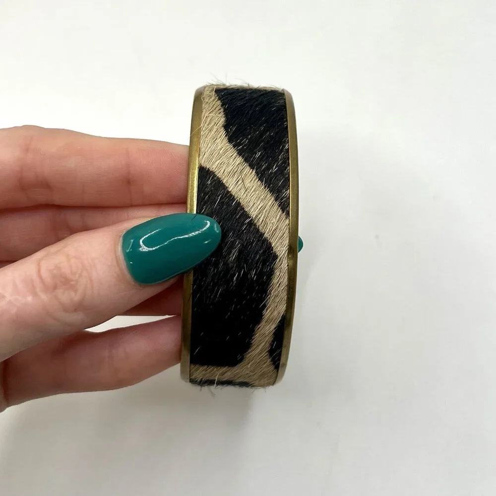 Cowhide Hair On Bangle Bracelet Gold Tone Brass Boho Western Zebra Safari Retro